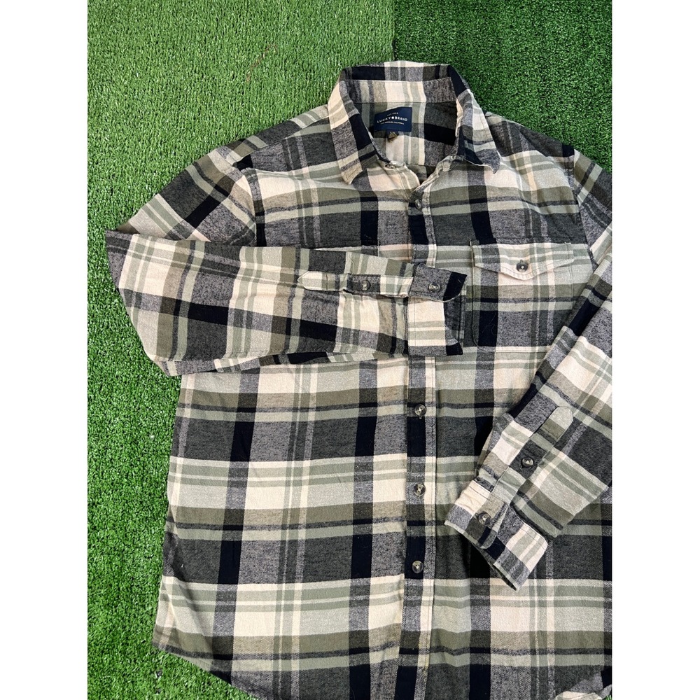 Lucky Brand Mens Flannel Button‎ Down Shirt Large Green Plaid Long Sleeve L/G